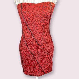Red & Black Animal Print Strapless Dress